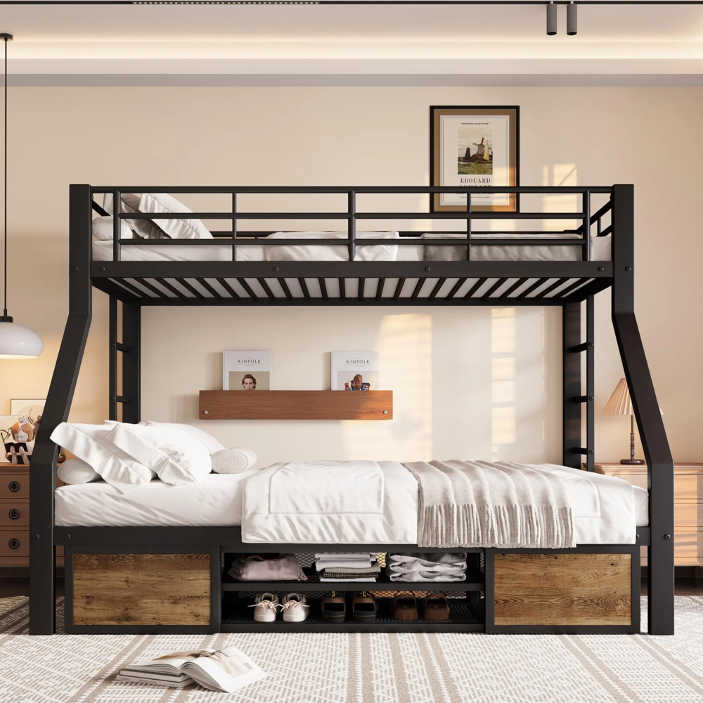 Etagenbett mit 2 Liegeflächen, Lattenrost, Regalschrank und Rausfallschutz 90x200 cm/140x200 cm, Metallbett mit Rausfallschutz, Kinderbett Bild 1