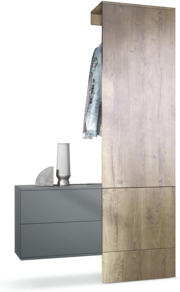 Garderobe Carlton Set 2, Wandgarderobe aus Deko-Paneel & hängender Schubladen-Kommode, Anthrazit matt/Eiche Ribbeck (105 x 193 x 35 cm) Bild 1