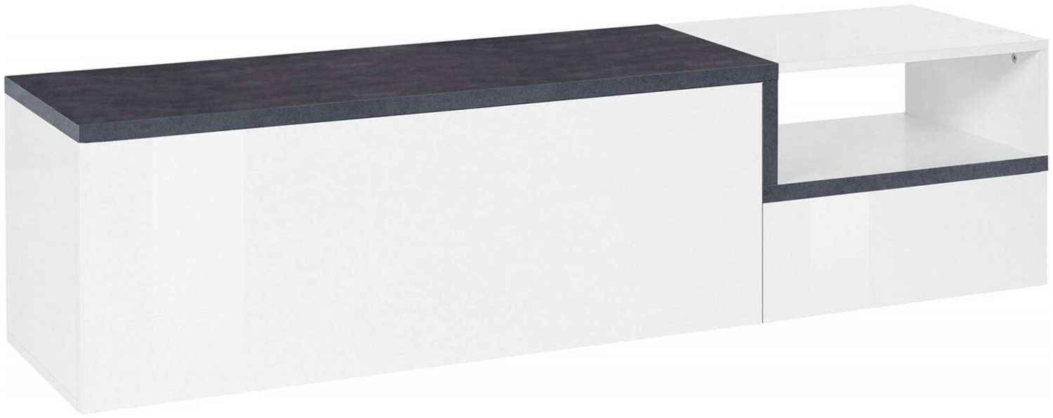 Dmora TV-Schrank Fluorite, niedriges Wohnzimmer-Sideboard mit 2 Türen, Fernsehständer-Basis, 100 % Made in Italy, 160 x 40 x 46 cm, glänzendes Weiß und Schiefer, Bild 1