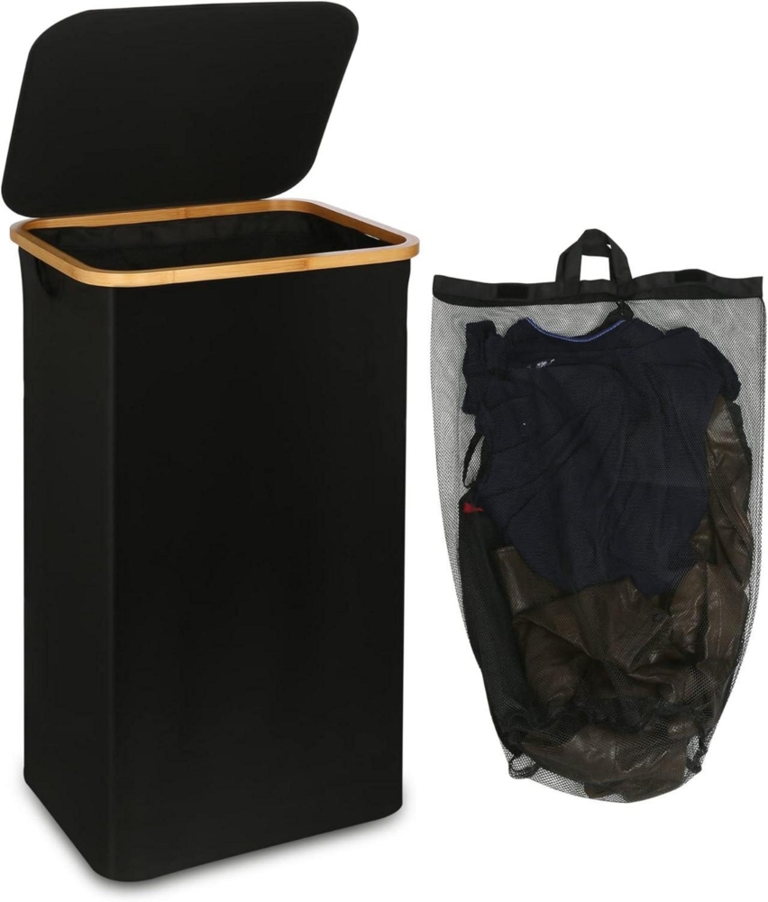efluky Wäschekorb 100L Bambus Deckel faltbar XXL black Laundry Basket Bild 1