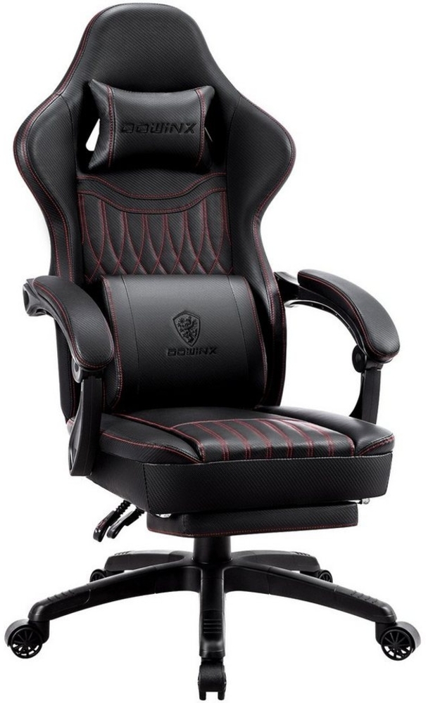 Dowinx Gaming-Stuhl Mit Federkissen, Massage-Lendenwirbelstütze Fußstütze, Rennspielsessel, Ergonomisches Design, PU-Leder, Schwarz Bild 1