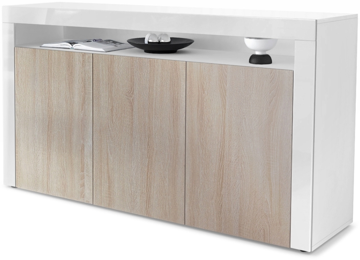 Vladon Sideboard Valencia, Kommode mit 3 Türen und 1 offenem Fach, Weiß matt/Eiche sägerau/Weiß Hochglanz (155 x 92 x 40 cm) Bild 1