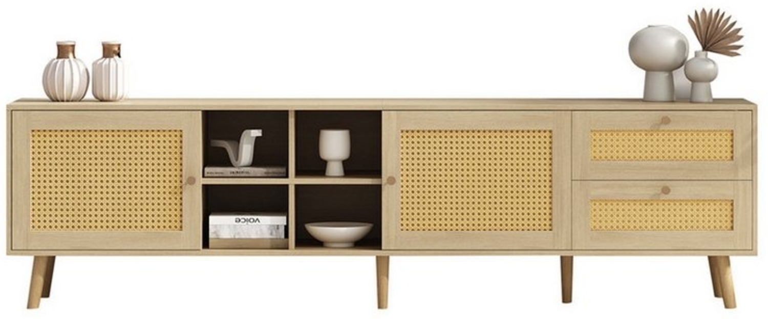 autolock TV-Schrank Stilvoller TV-Schrank aus Holz und Rattan-180*40*55 cm 2 Rattan-Türen,2 Rattan-Schubladen,passend für 80 Zoll TV Bild 1