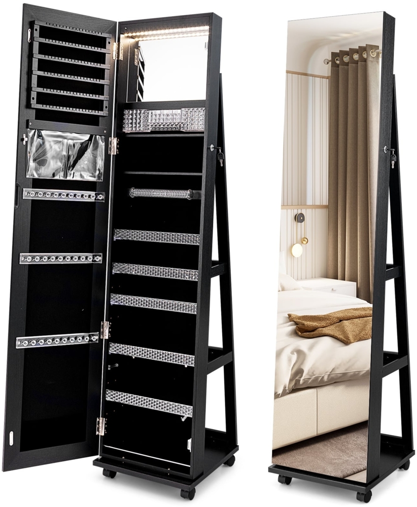 Abschließbarer Schmuckschrank mit Integriertem Schminkspiegel Verstellbaren Ablagen & Stauraum Schwarz Bild 1