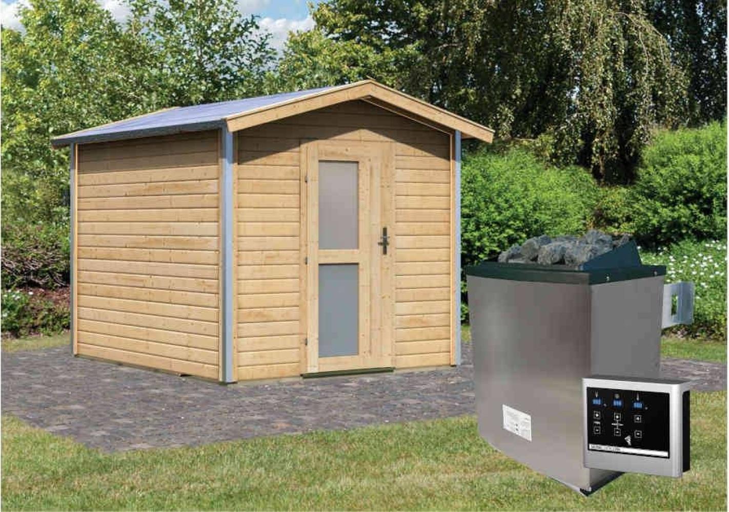 Karibu Sauna Bosse 1 naturbelassen + 9 kW Saunaofen mit ext. Steuerung Easy Moderne Tür Bild 1