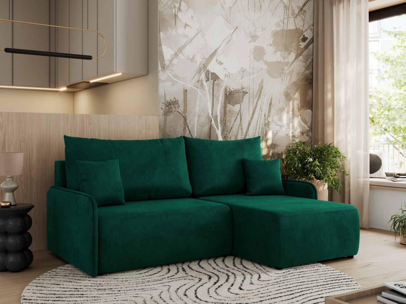 Ecksofa für das Wohnzimmer, mit losen Kissen, Schlaffunktion und Bettkästen, L-förmiges Ecksofa mit Armlehnen, Wellenfeder - ARPA - Dunkelgrün Velours - rechte Seite Bild 1