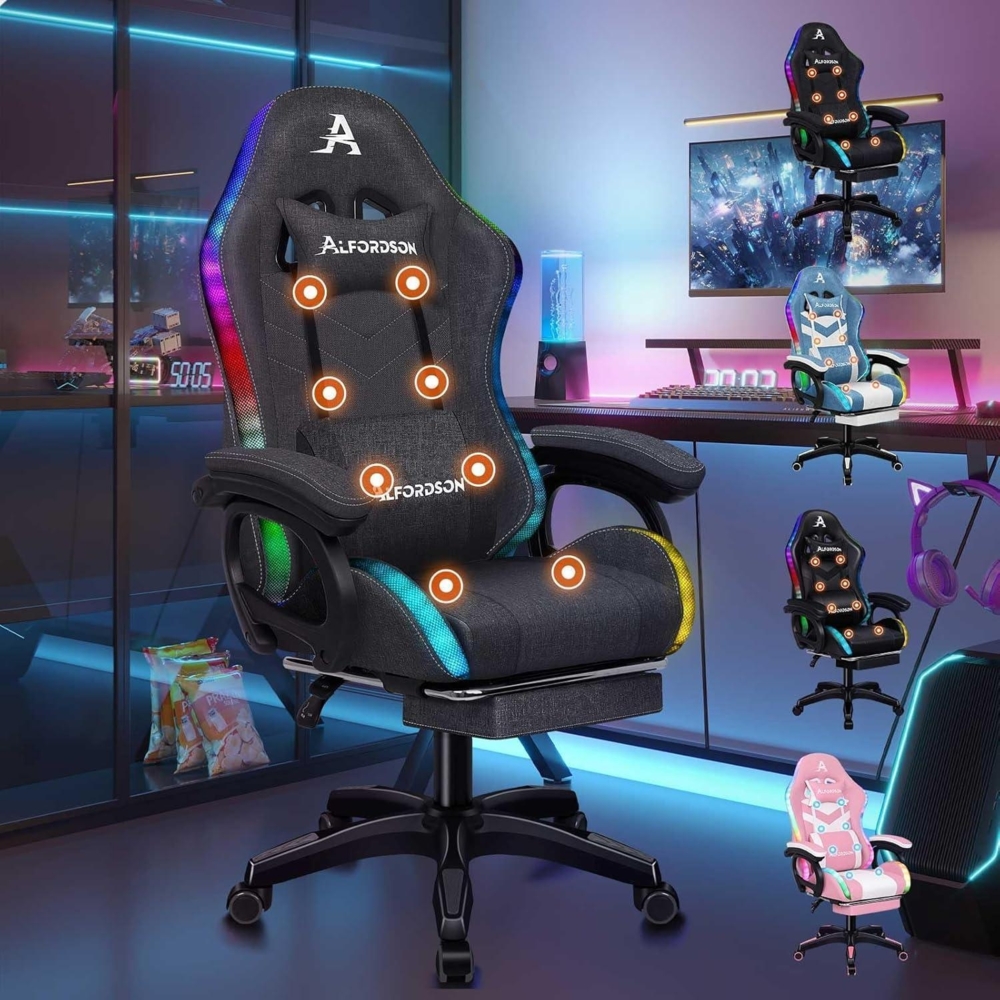 Gaming-Stuhl LED RGB Massage Lordosenstütze Fußstütze Grau Bild 1