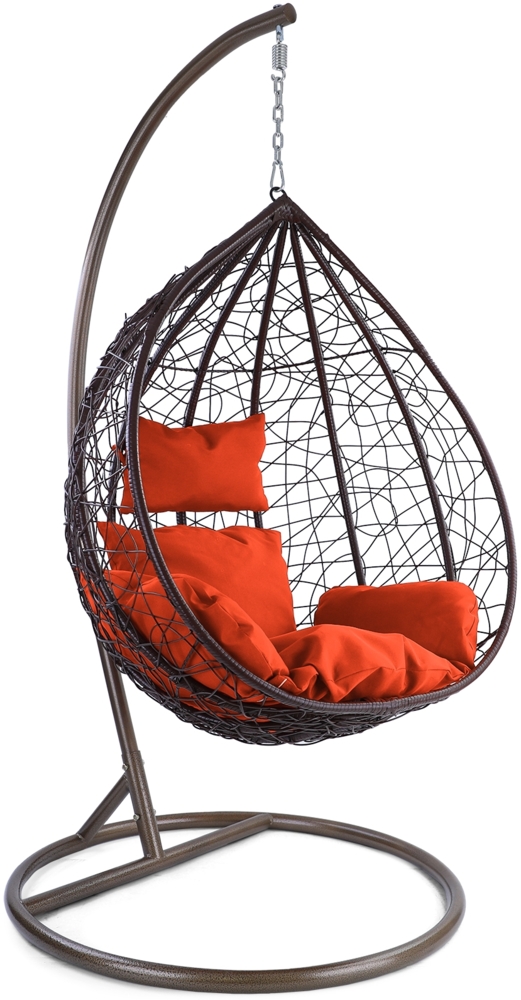 Luxus Hängesessel Miami XL Polyrattan mit Korb Gestell braun Kissen Orange Bild 1