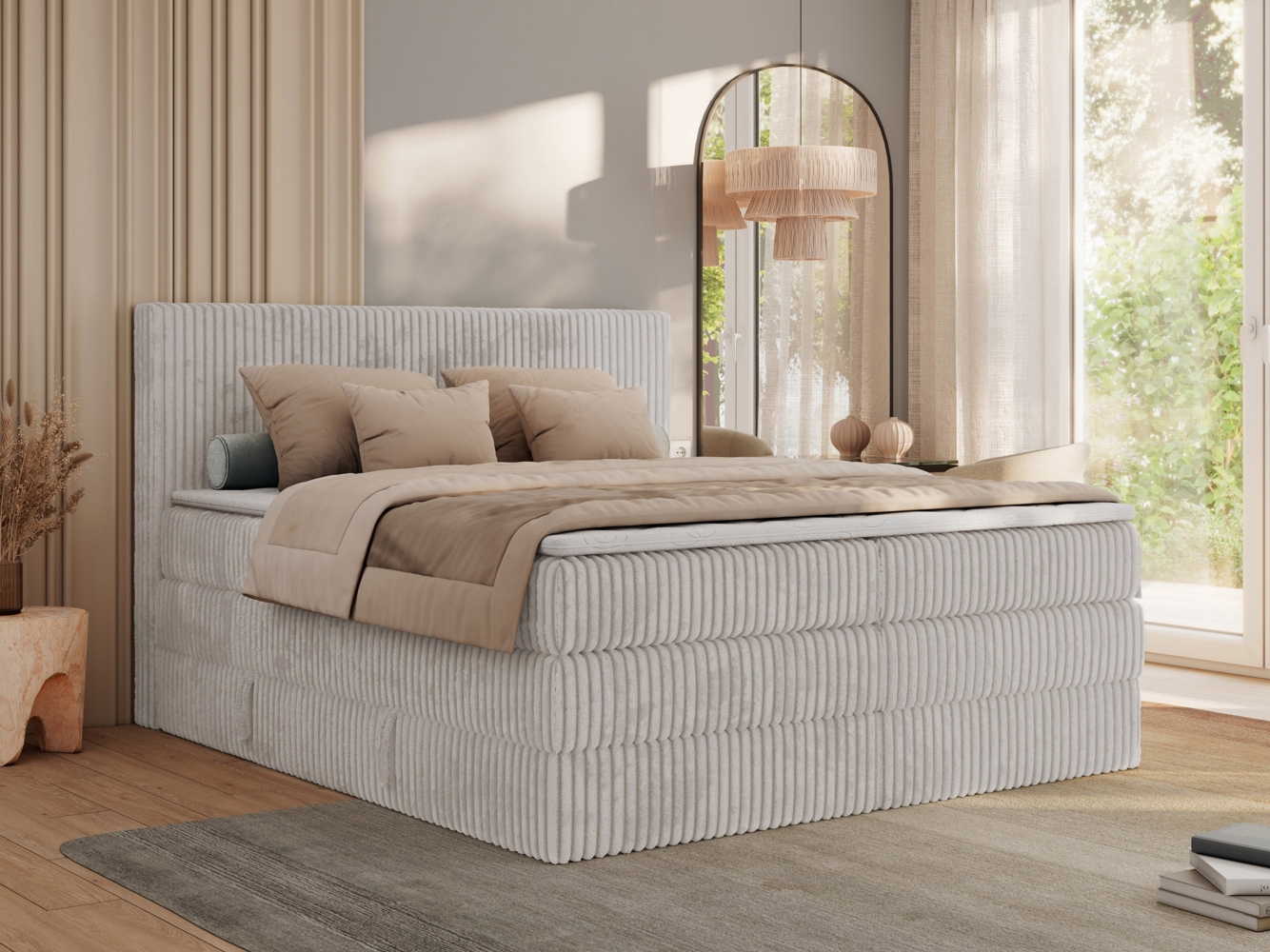 Boxspringbett, Doppelbett mit zwei Bettkästen und Multipocket-Matratze, Cord Bett - TILIANO KING - 200 x 200 cm - Hellgrau Cord - H4 Bild 1