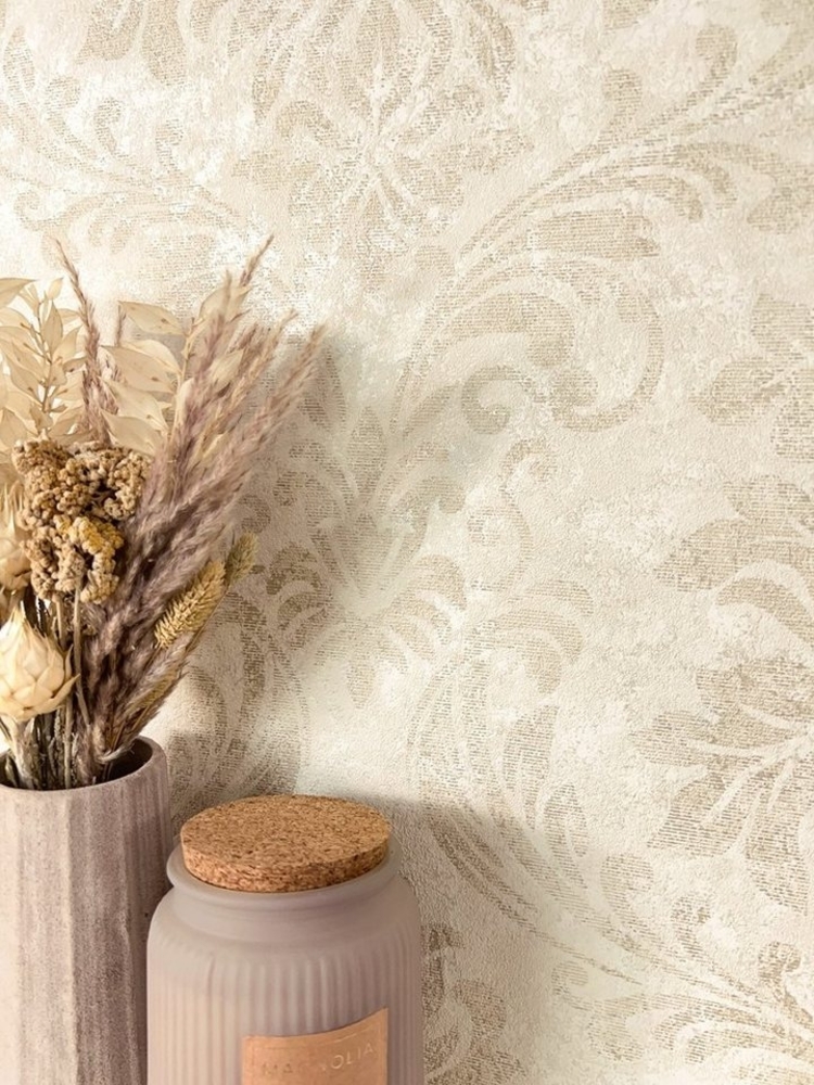 Newroom Vliestapete, Beige Tapete Vintage Ornamente - Metallic Creme Romantisch Glamour Struktur Glanz für Schlafzimmer Wohnzimmer Küche Bild 1