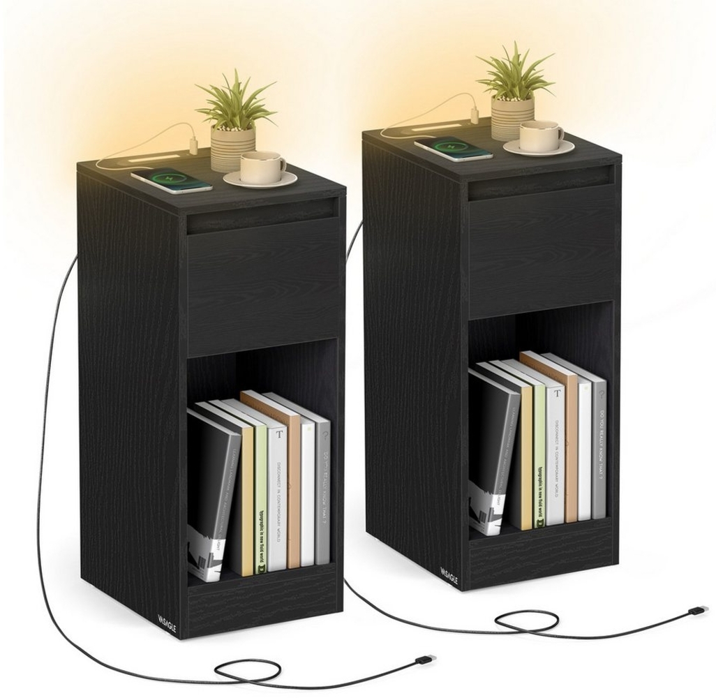 VASAGLE Nachttisch 2er Set, schmal, Beistelltisch, LED-Beleuchtung, 1 USB-A-Anschluss, 1 USB-C-Anschluss, Schublade, offenes Fach, für Schlafzimmer, Wohnzimmer, ebenholzschwarz LETDE710B01 Bild 1