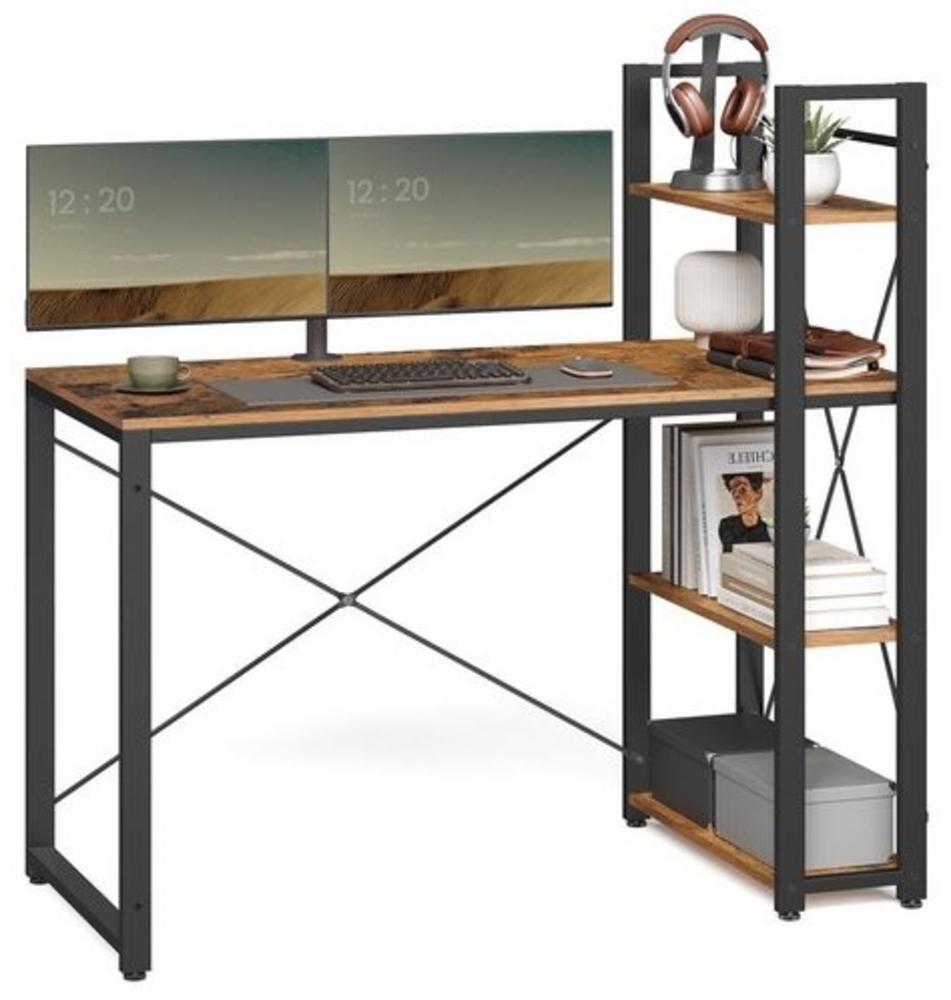 Vasagle Schreibtisch, mit Regalböden rechts oder links, Industrie-Design, Vintagebraun, 60 x 137,2 x 118,7 cm Bild 1