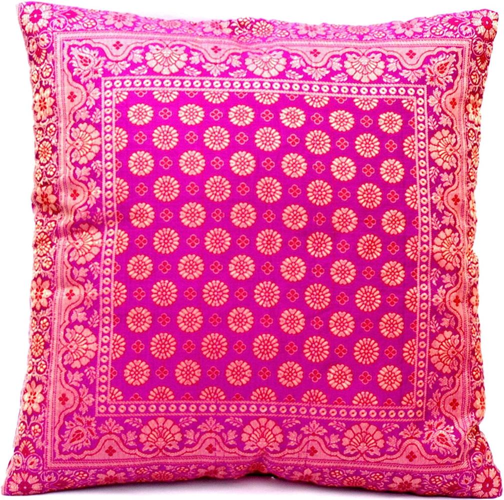 Handgewebter indischer Banarasi Seide Deko-Kissenbezug, Blumen Muster in Magenta - 40 cm x 40 cm Bild 1