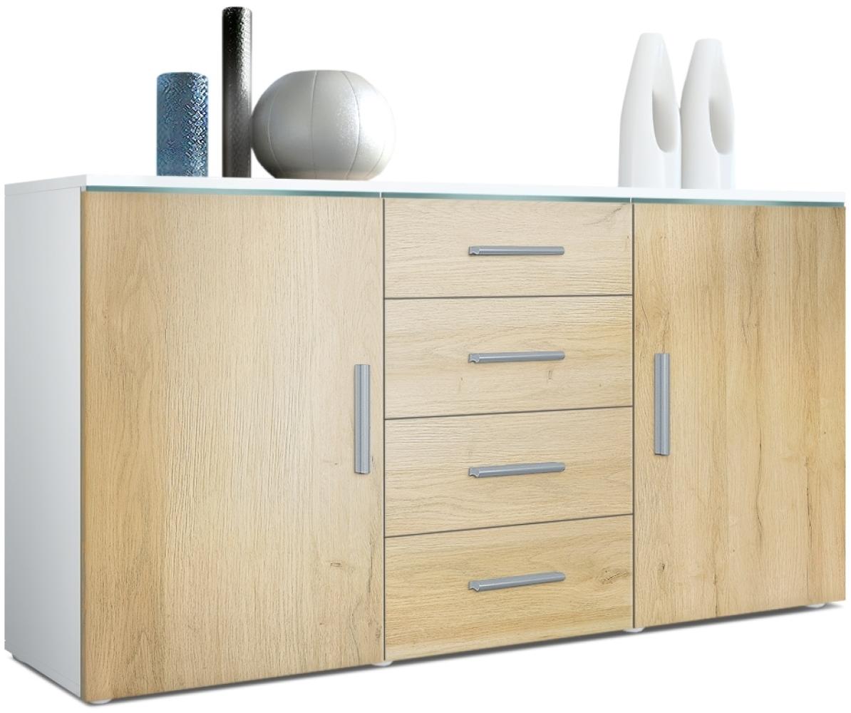 Sideboard Kommode Faro, Korpus in Weiß matt / Front in Eiche Natur (139 x 72 x 35) Bild 1