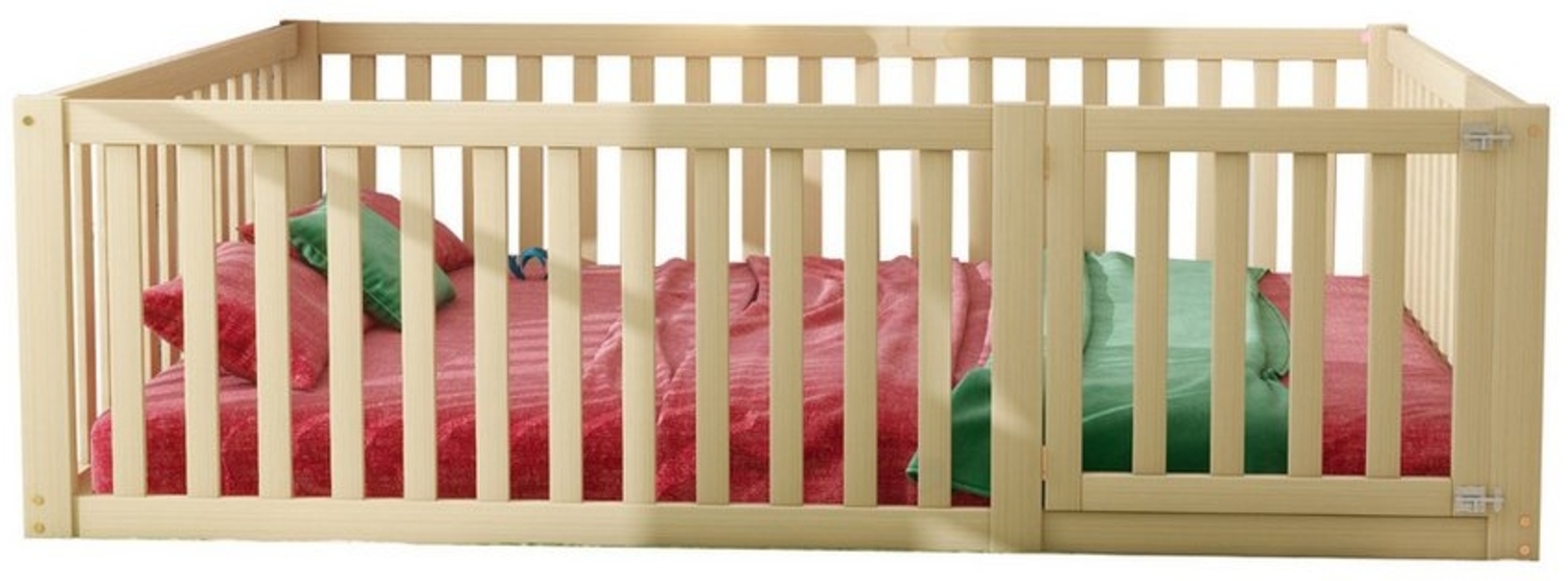 HAUSS SPOLE Kinderbett 140x200cm Holzboden Bettrahmen mit Zaun und Tür, Holzfarbe (aus Kiefernholz mit Zaun und Tür – vielseitiges Design für Spielräume, sichere Schlafumgebung und kreatives Wohnen, ideal für Kinderzimmer und abenteuerliche Spielbereic... Bild 1