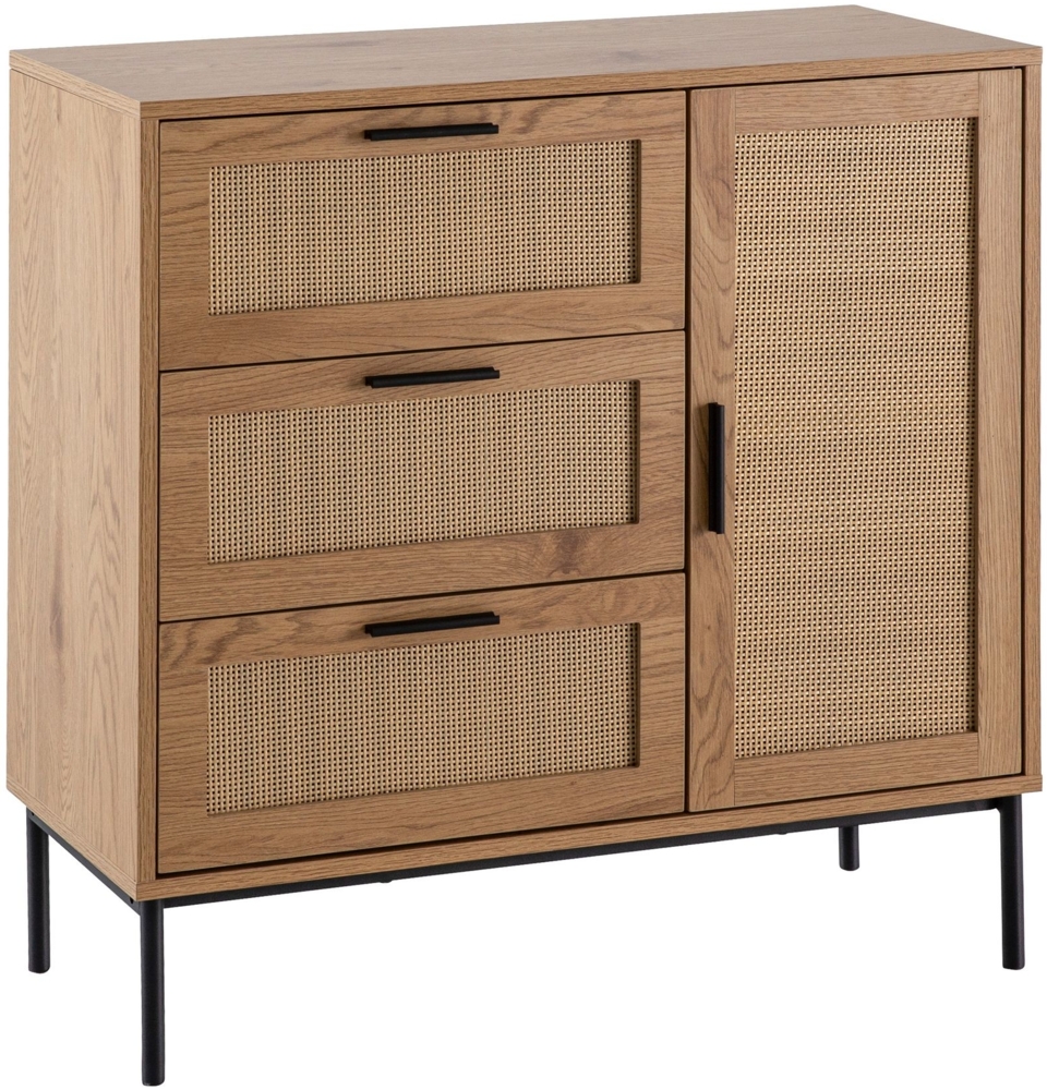 Kommode 80x82x36 cm Flurkommode Eiche-Dekor & Rattan, Sideboard mit drei Schubladen und Tür, Kommodenschrank Modern, Standschrank Anrichte Schubladenkommode Bild 1