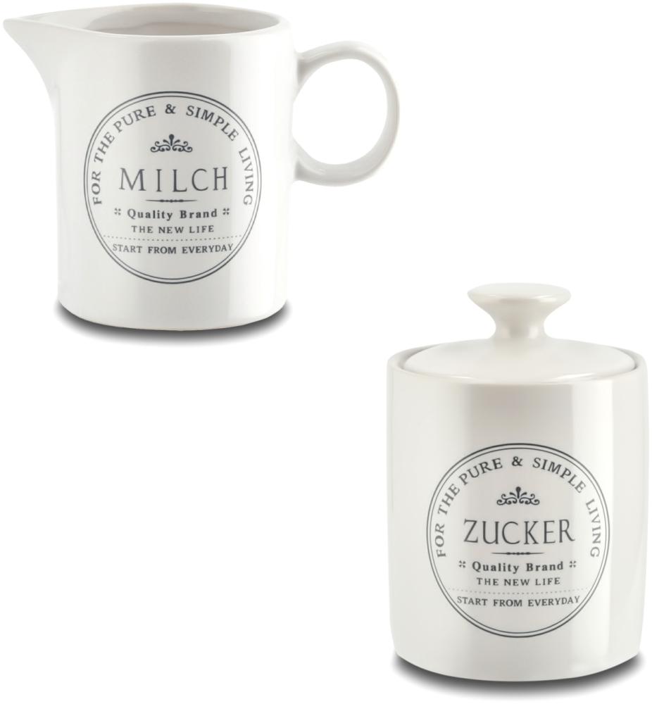 KHG Milchkännchen Zuckerdöschen Set Kapazität je 200 ml, Steingut Keramik Landhaus Vintage Stil Zierschrift, präziser Ausgießer, Henkelgriff, ideal für den Kaffee- und Tee-Service Bild 1