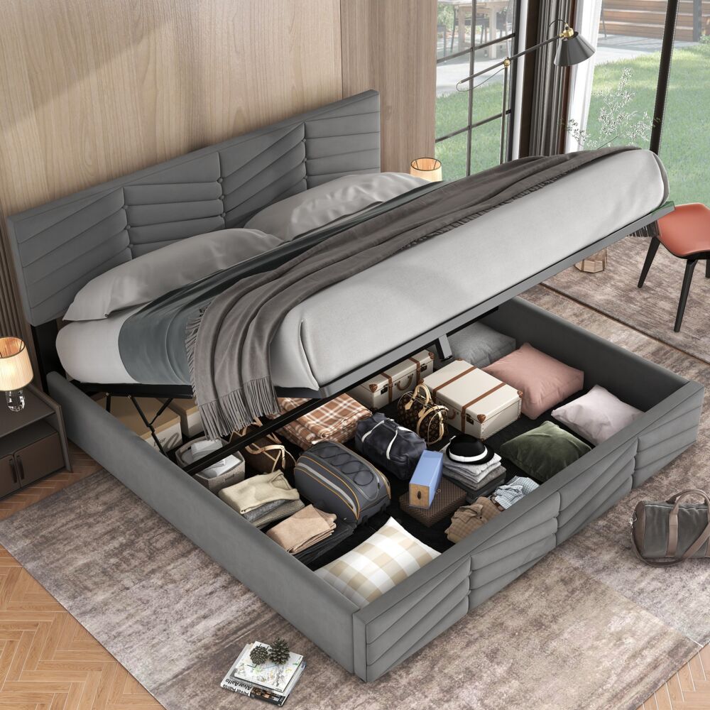 Polsterbett mit höhenverstellbarem Kopfteil,205.5*165*90-95 cm, Grau Stauraumbett Bild 1