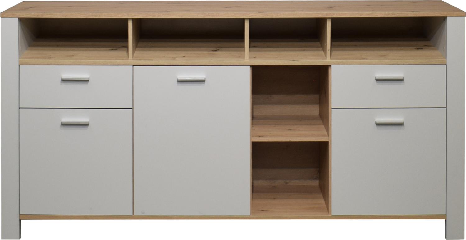 Mäusbacher Nele Sideboard Holzwerkstoff 3 Türen 2 Schubkästen 193x92x44 cm Kreidegrau matt lack/Asteiche Bild 1