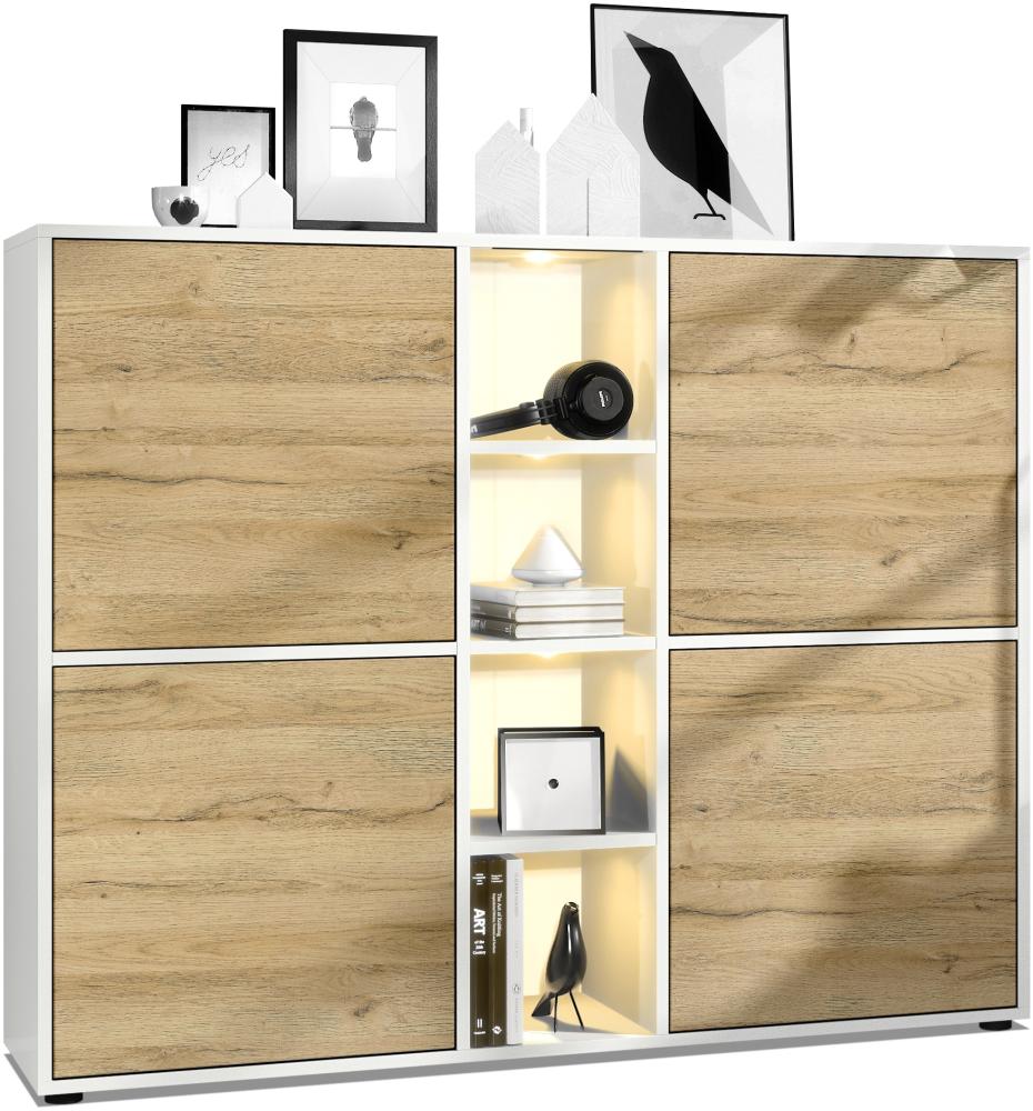 Vladon Highboard Cuba V3, Weiß matt/Eiche Natur inkl. LED - Moderne Anrichte mit 12 Fächern (130,5 x 105,5 x 35,5 cm) Bild 1