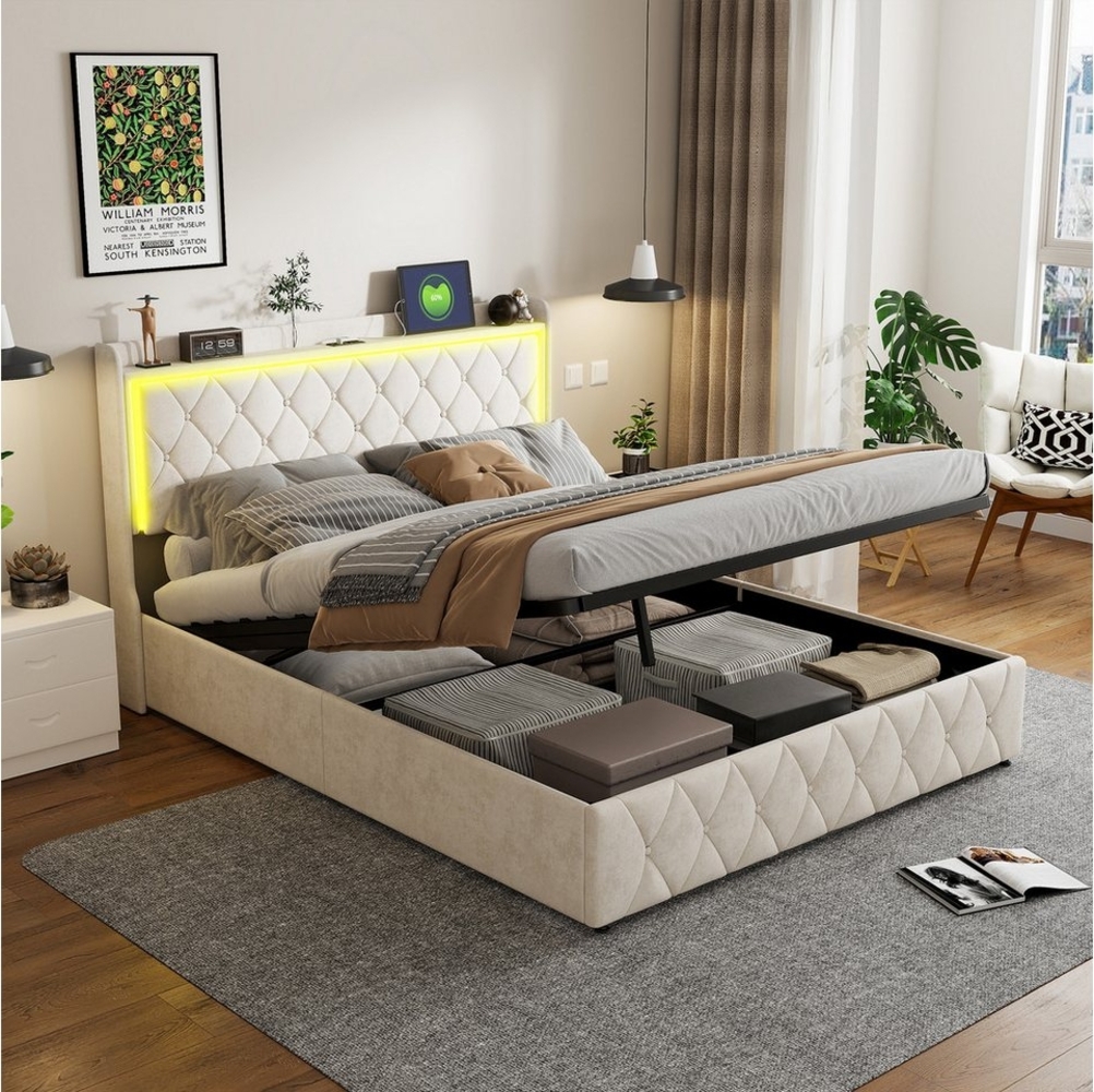 PXloue Funktionsbett Polsterbett, Hydraulisches Doppelbett, mit LED-Leisten, Samtbezug, 140x200 Bild 1