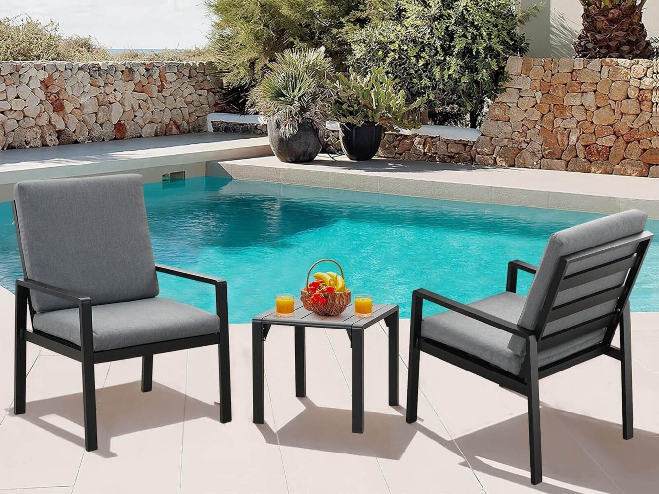 MeXo Gartenlounge-Set Aluminium Gartenmöbel-Set, (Balkonmöbel Set, 3-tlg, 2 Gartenstühle, 1 Couchtisch, inkl. Auflagen), wetterfest Loungemöbel Sitzgruppe Bild 1