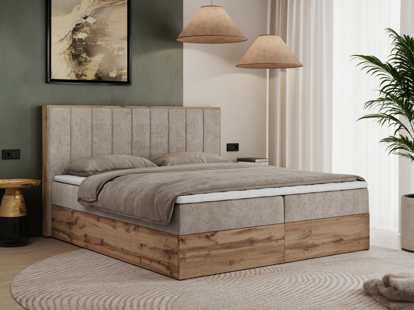 Boxspringbett, Schlafzimmerbett, Bettkasten - BELLISSIMO - 140 x 200 cm - Beige Stoff - H4 Bild 1