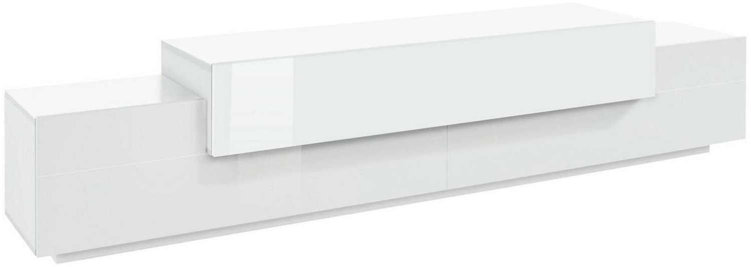 Dmora TV-Schrank Tiche, niedriges Wohnzimmer-Sideboard, Fernsehständer-Basis, 100 % Made in Italy, 240 x 45 x 52 cm, glänzendes Weiß, Bild 1
