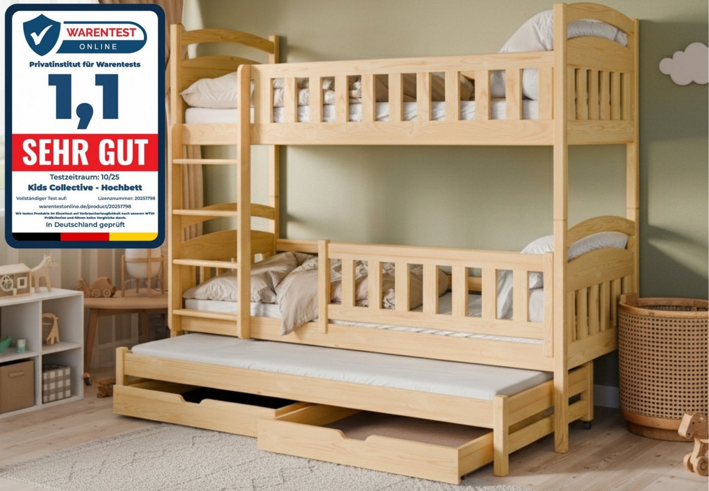 Kids Collective Etagenbett Hochbett Stockbett Kinderbett 90x200 cm mit Ausziehbett und Schubladen (Modell 2025), Umbaubar zu 3 Einzelbetten mit Lattenrosten & Rausfallschutz, Natur Bild 1