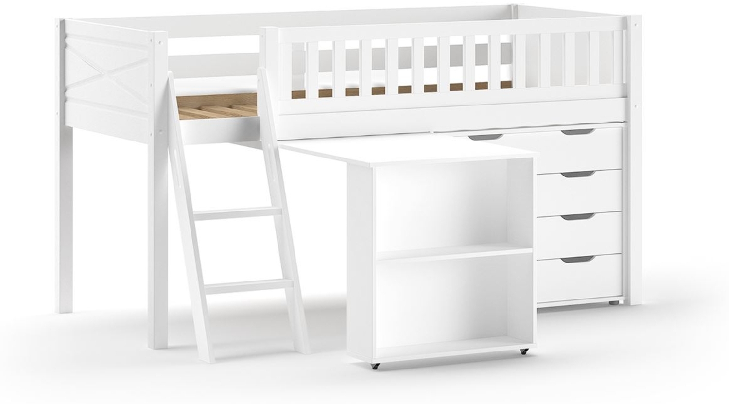 Kinderbett Karyl 208x114x135 Massivholz Weiß Kommode Bild 1