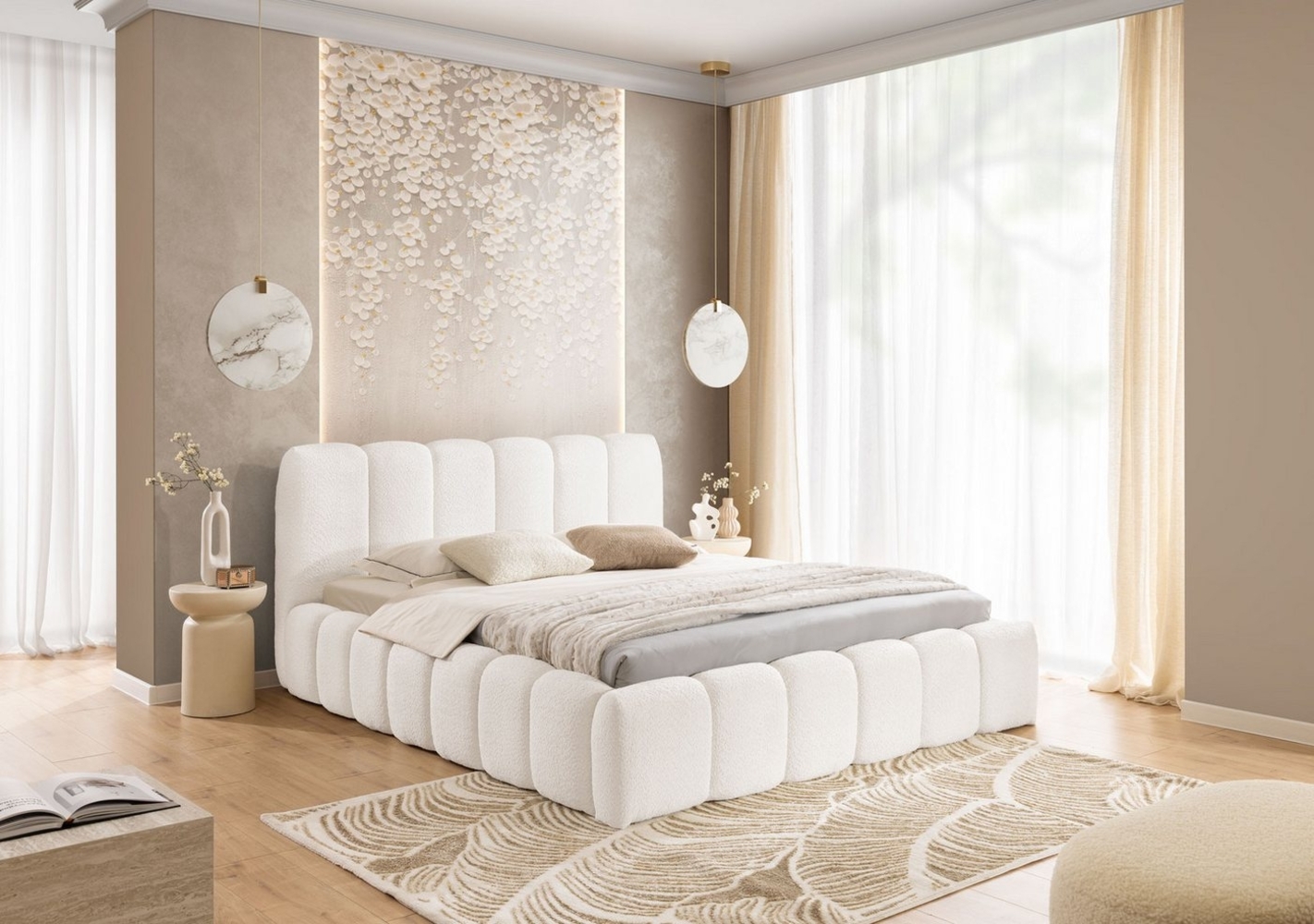 yourhouse24 Polsterbett Micandi mit Bettkasten (Bettgestell mit Lattenrost), Bouclé-Stoffbezug, Gepolstertes Kopfteil, Wolkenbett Bild 1