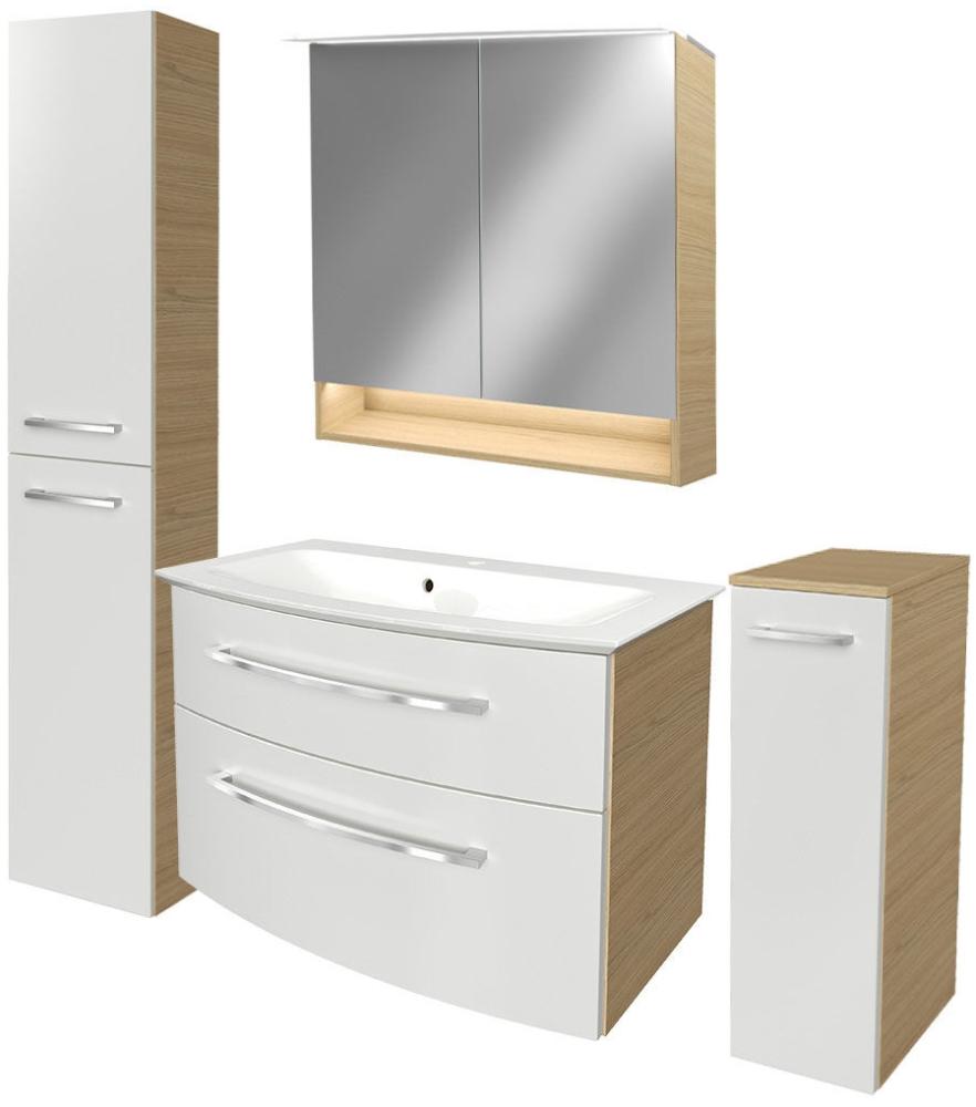 Fackelmann B.STYLE Badmöbel Set 5-teilig,83 cm,Weiß/Braun + LED-Spiegelschrank + 2 Badschränke Bild 1