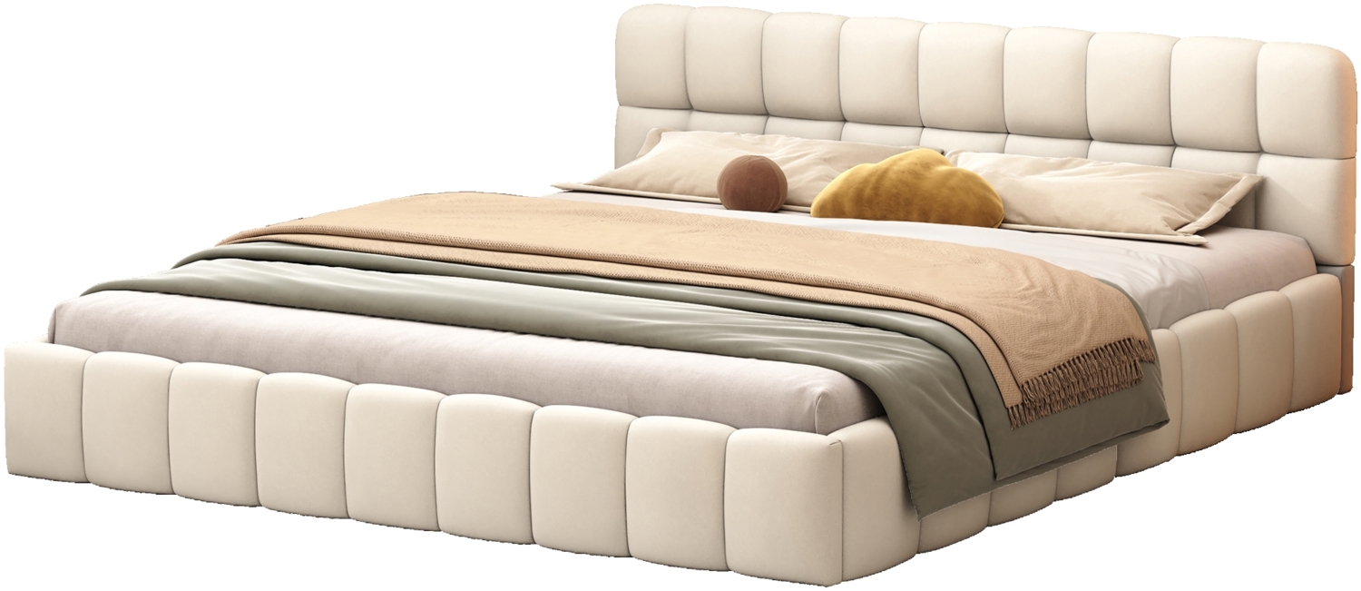 Bett 160x200 cm in beigem Leinenstoff mit Spitzenverzierung Bild 1