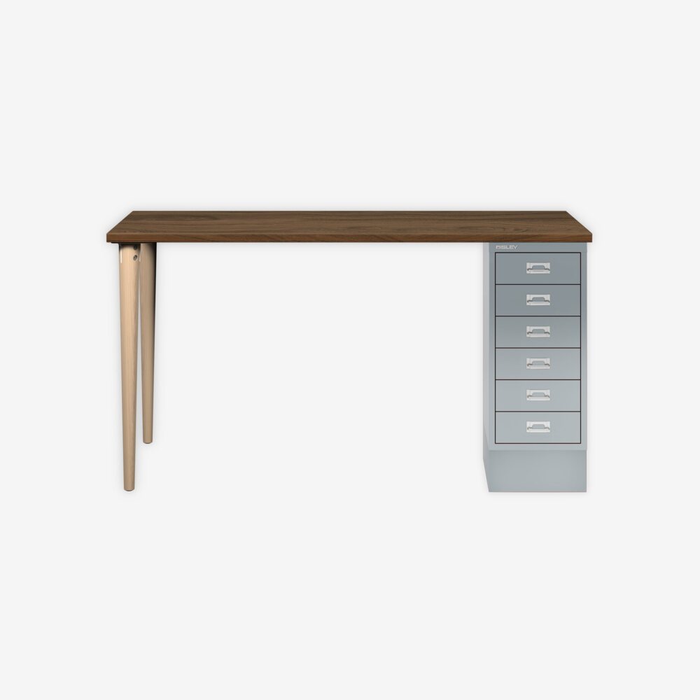 MultiDesk, 2 Eichenfüße, 1 MultiDrawer mit 6 Schüben, Dekor Nussbaum, Farbe Lichtgrau, Maße: H 740 x B 1400 x T 600 mm Bild 1