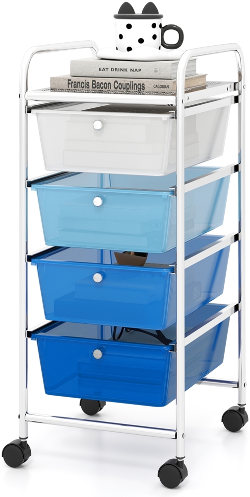 4-Schubladen Rollwagen Mobiler Aufbewahrungswagen auf Rädern mit 4 abnehmbaren Kunststoffschubladen und stabilem Metallgestell Blau Bild 1