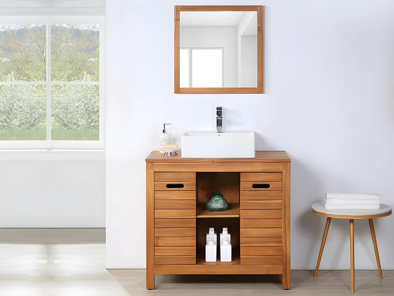 Vente-unique - Waschbeckenunterschrank mit Einzelwaschbecken + Spiegel - Akazienholz - 90 cm - PULUKAN Bild 1