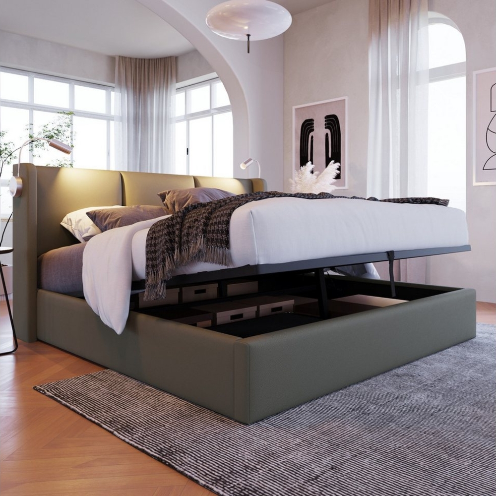 Ulife Boxspringbett Stauraumbett Polsterbett mit Lattenrost Leselampe mit USB Ladefunktion (ohne Matratze), 140×200cm Bild 1