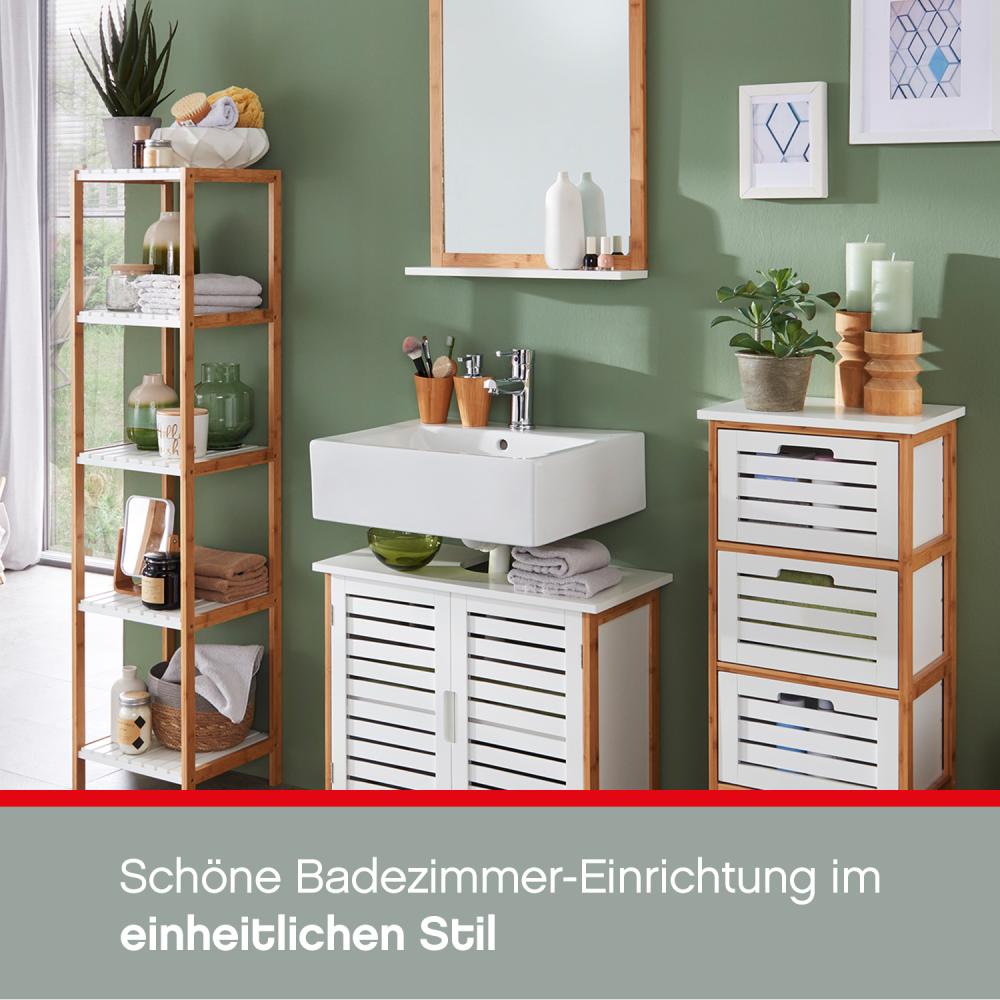 UNO Badspiegel mit Ablage flach 50 x 70 x 12 cm, Holzrahmen Bambus massiv natürliche Maserung, Badezimmerspiegel mit Abstellfläche in Weiß lackiert, Wandspiegel skandinavischer Stil, Lattenoptikh 50 x 70 x 12 cm, Holzrahmen Bambus massiv natürliche Maserung, B... Bild 1