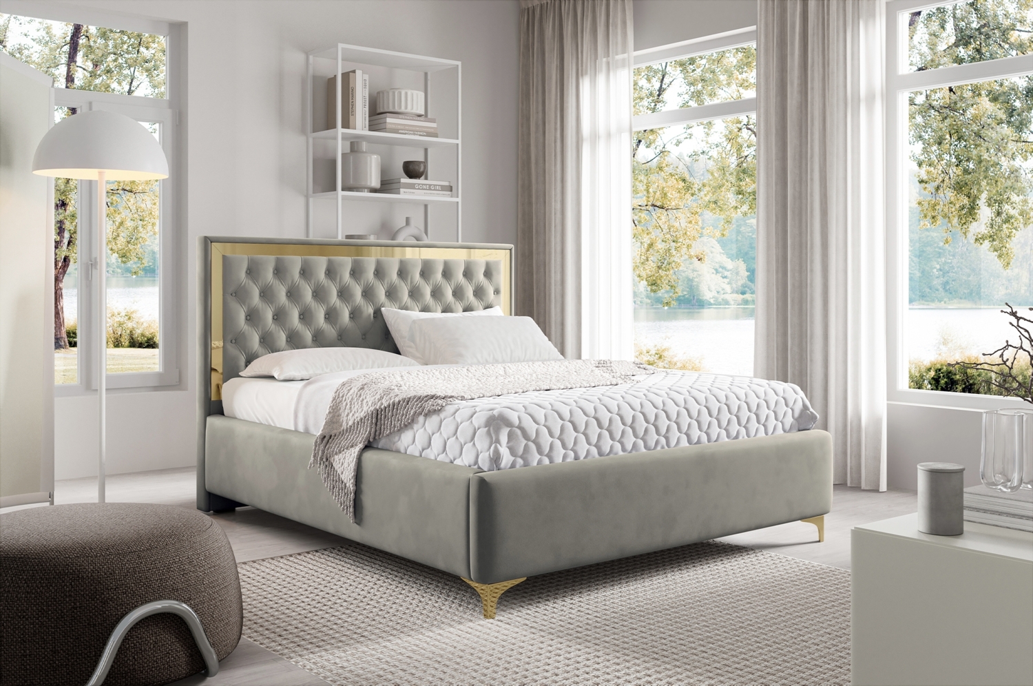 MEBLINI Polsterbett 120x200 mit Lattenrost und Matratze – ARONA GOLD – Grau Samt – Doppelbett mit Bettkasten - Stauraumbett - Kopfteil Bett mit Stauraum Bild 1