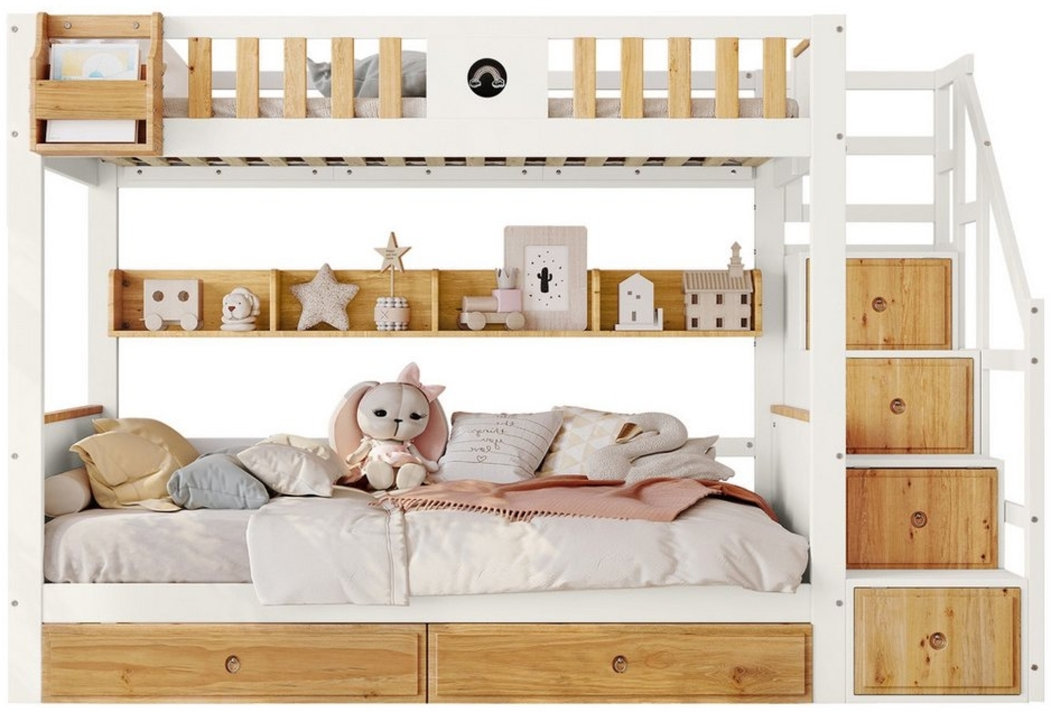 OKWISH Etagenbett Einzelbett Stauraumbett Kinderbett mit Treppe, Reichlich Stauraum (ahmen aus Kiefernholz und MDF, mit 4 Schließfächer in der Treppe, mit Fallschutzgitter und 2 Schubladen, Offenes Regal 90x200cm), ohne Matratze, 90x200cm Bild 1