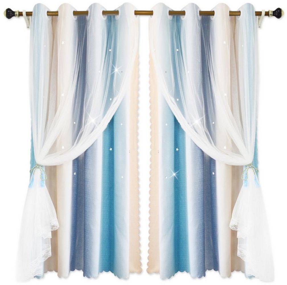 Rosnek Vorhang Doppellagig, Tüll, Schleife, ausgehöhlte Sterne, Öse, für Wohnzimmer (1 St), H×B:160×132,213×132,243×132 Bild 1