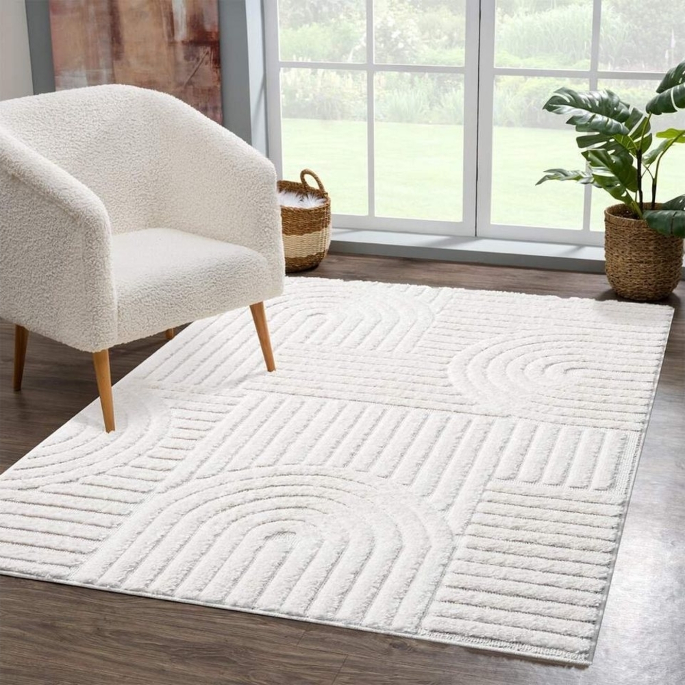 carpet city Teppich Hochflor Wohnzimmer - 200x290 cm - Einfarbig Weiß/Creme - Hochtief-Muster/ 3D-Effekt Geometrisch - Shaggy Teppiche Schlafzimmer Boho, Scandi Bild 1