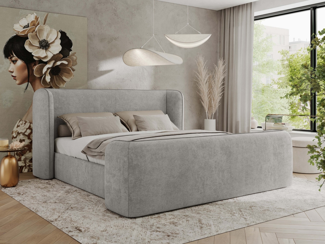 Polsterbett mit Lattenrost, Doppelbett für Schlafzimmer, Gepolstertes Kopfteil, Pocket matratze Härtegrad H3/H4 - EMORA DUO - 120 x 200 cm - Hellgrau Struktur - VIRE - LUX Bild 1