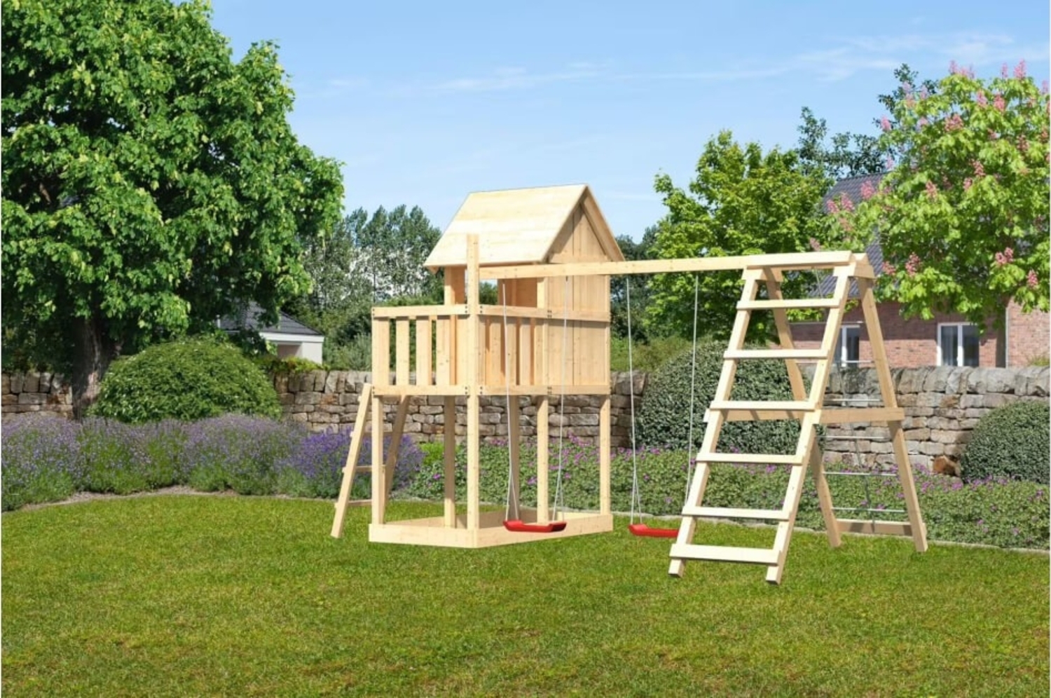 Karibu Stelzenhaus Frieda mit Doppelschaukelanbau mit Klettergerüst Ohne Rutsche Bild 1