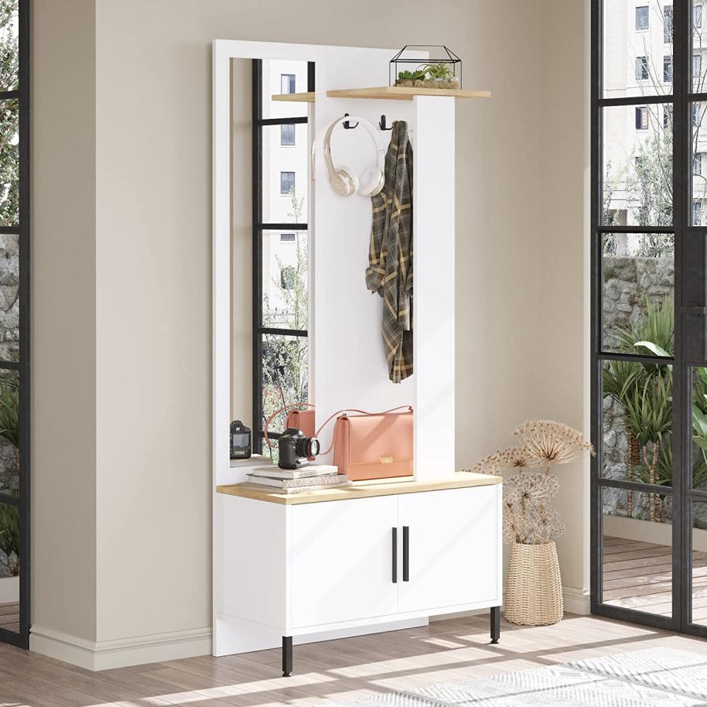 Yurupa Garderobe Komplett Set Flurgarderobe,Kompaktgarderobe,Dielengarderobe,Schrank,Schuhschrank mit Spiegel,Regal und Kleiderhaken,für Eingangsbereich,Flur,Büro,Weiß,LN1-WK Bild 1