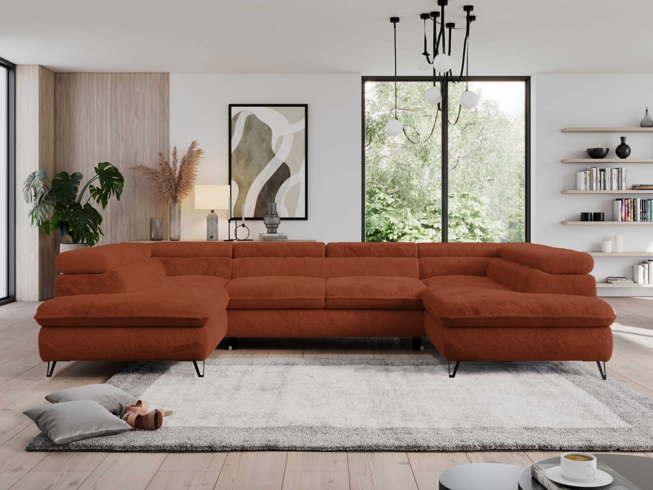 Ecksofa mit Schlaffunktion und verstellbaren Kopfstützen, große U-förmige Ecke - PEDRO U - Orange Plüsch Bild 1