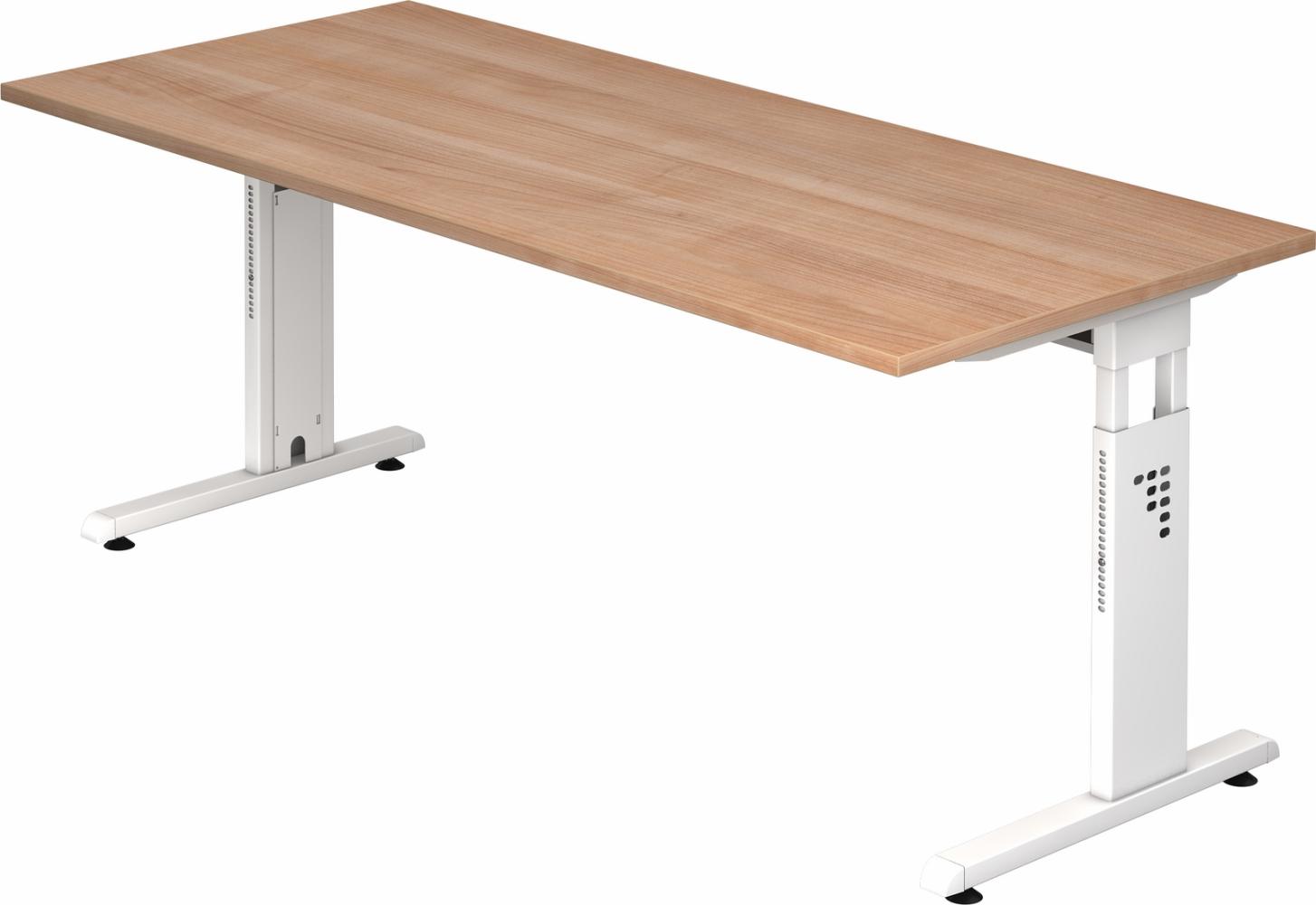 bümö höhenverstellbarer Schreibtisch O-Serie 180x80 cm in Nussbaum, Gestell in weiß - großer PC Tisch für's Büro manuell höhenverstellbar, Computertisch verstellbar, OS-19-N-W Bild 1