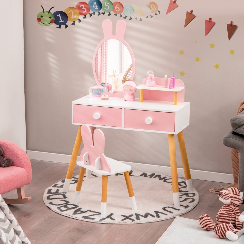 2 in 1 Kinder Schminktisch & Stuhl-Set mit Spiegel & 2 Schubladen & Aufbewahrungsregal Rosa Bild 1