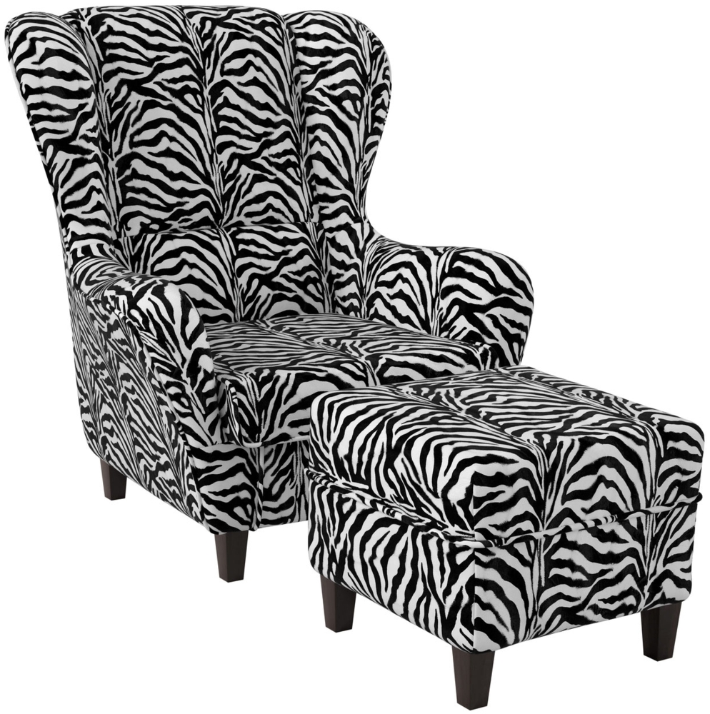 Supellex Sofia Ohrensessel mit Hocker | Design Tierfellimitat Zebra Bild 1