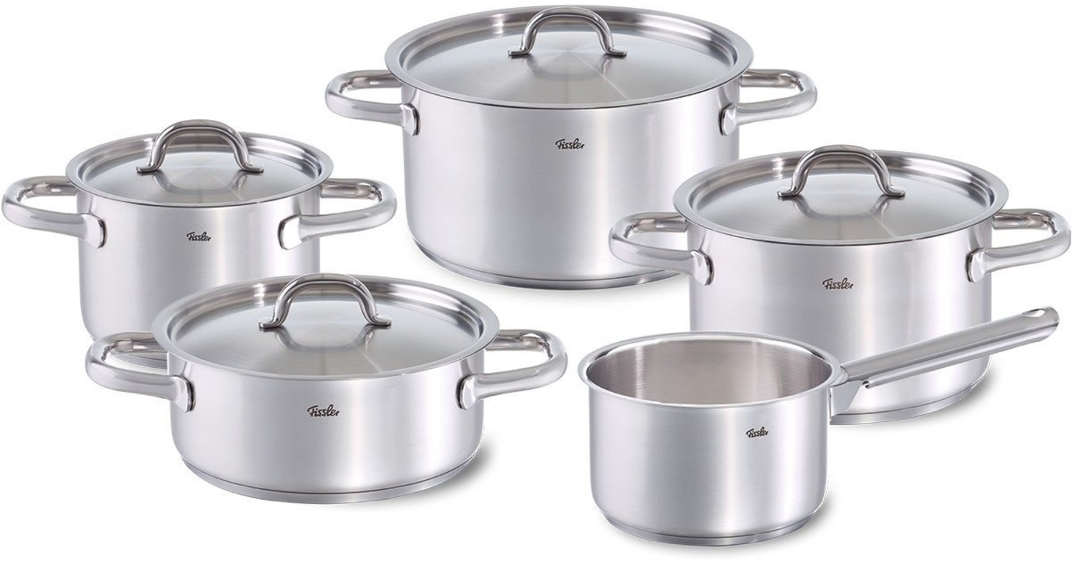 Fissler Topf-Set Family Line, Edelstahl 18/10 (Set, 9-tlg, 1 Bratentopf 20 cm, je 1 Kochtopf 16/20/24 cm, 1 Stielkasserolle 16cm), extra breiter Schüttrand Bild 1